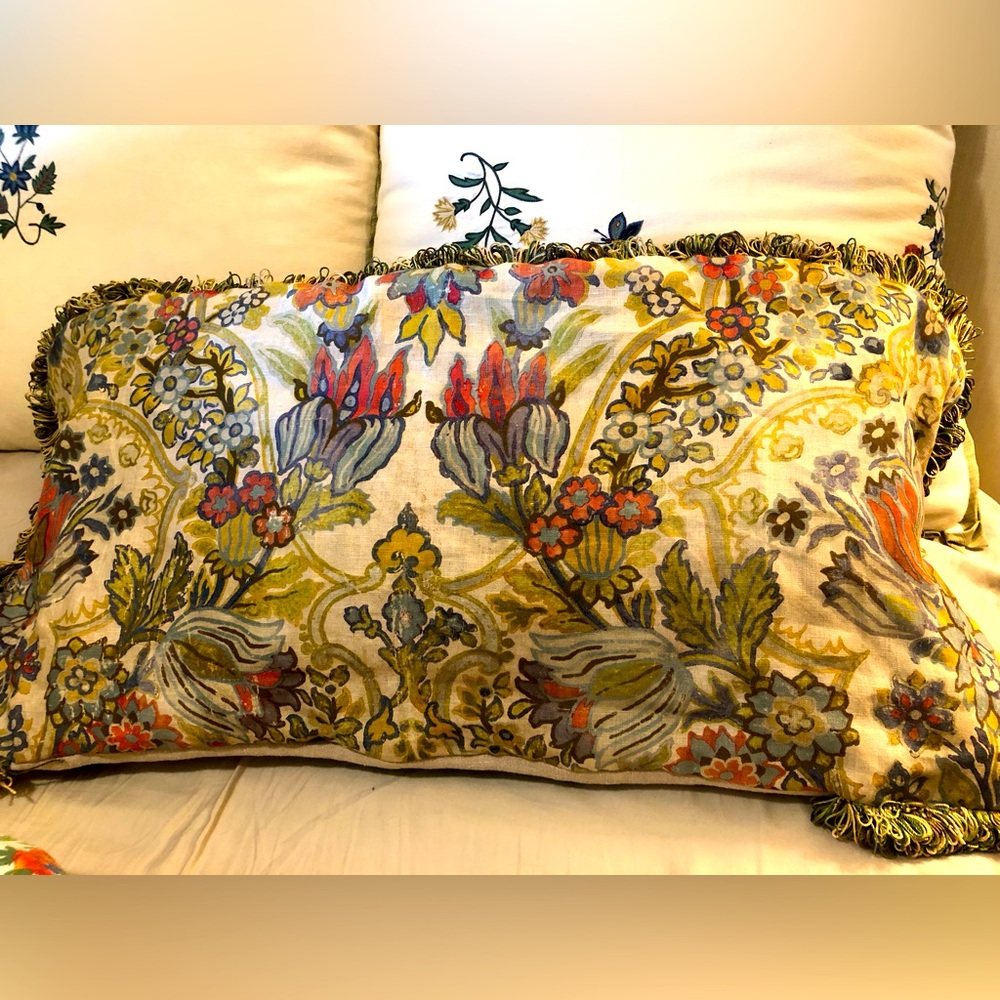 Lee Jofa oblong pillow 34”x14” arts & crafts linen print with silk loop fringe
